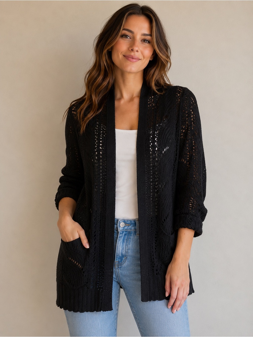SO Black Open-Knit Pocket Cardigan